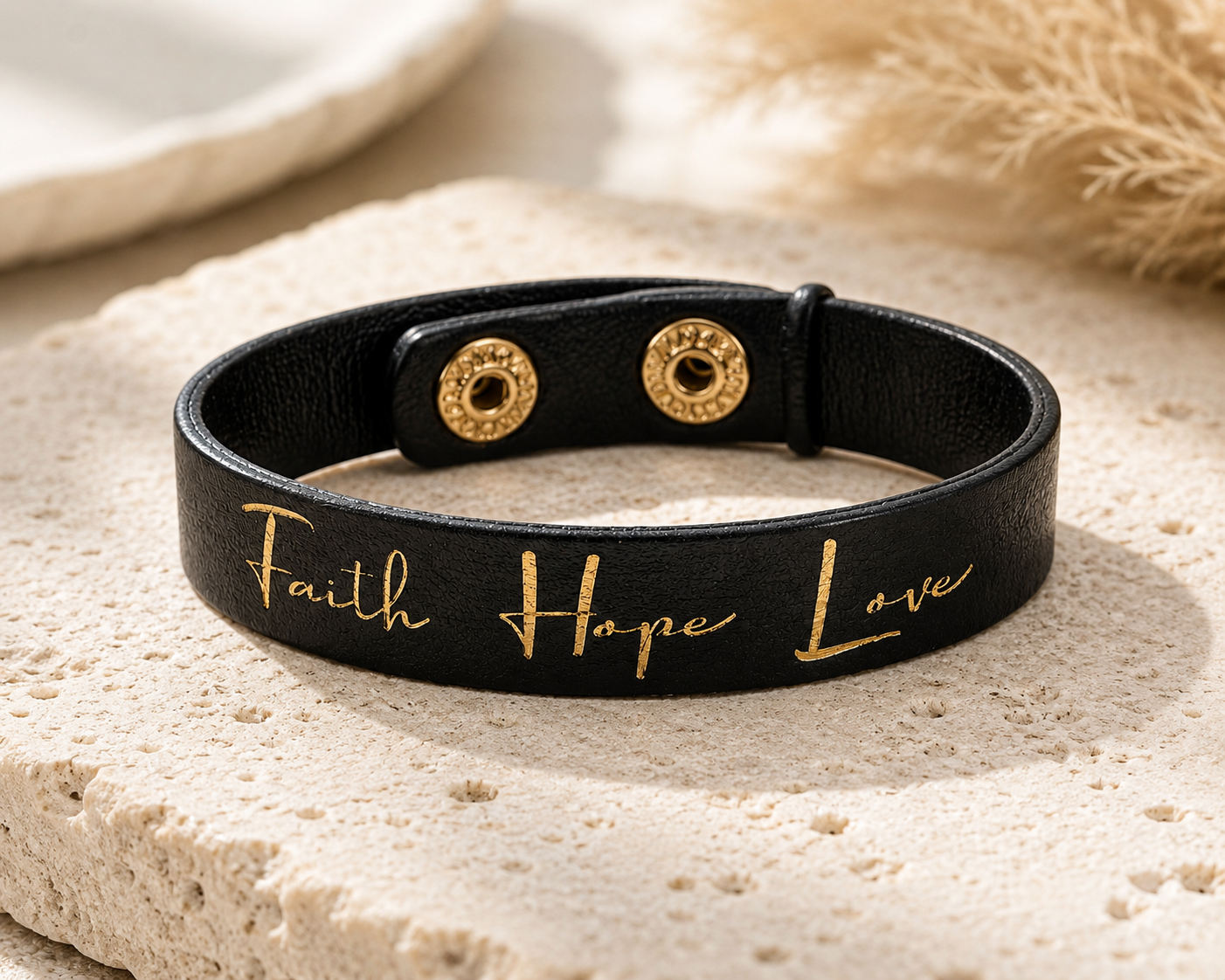 Faith Hope Love Leather Snap Bracelet | Black Faux Leather Inspirational Cuff