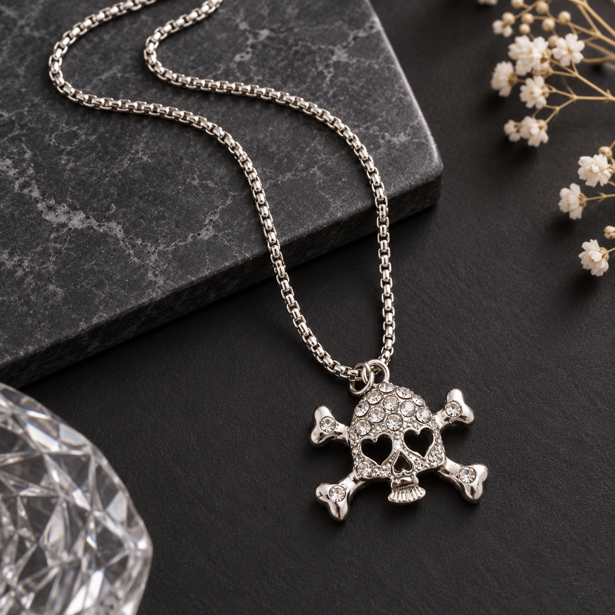 Rhinestone Rebel Skull Necklace