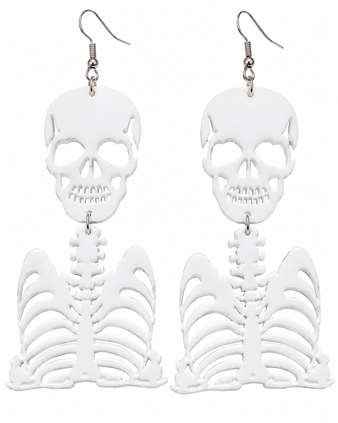 Close-up of white skull and rib cage Halloween earrings with silver-tone fishhook ear wires