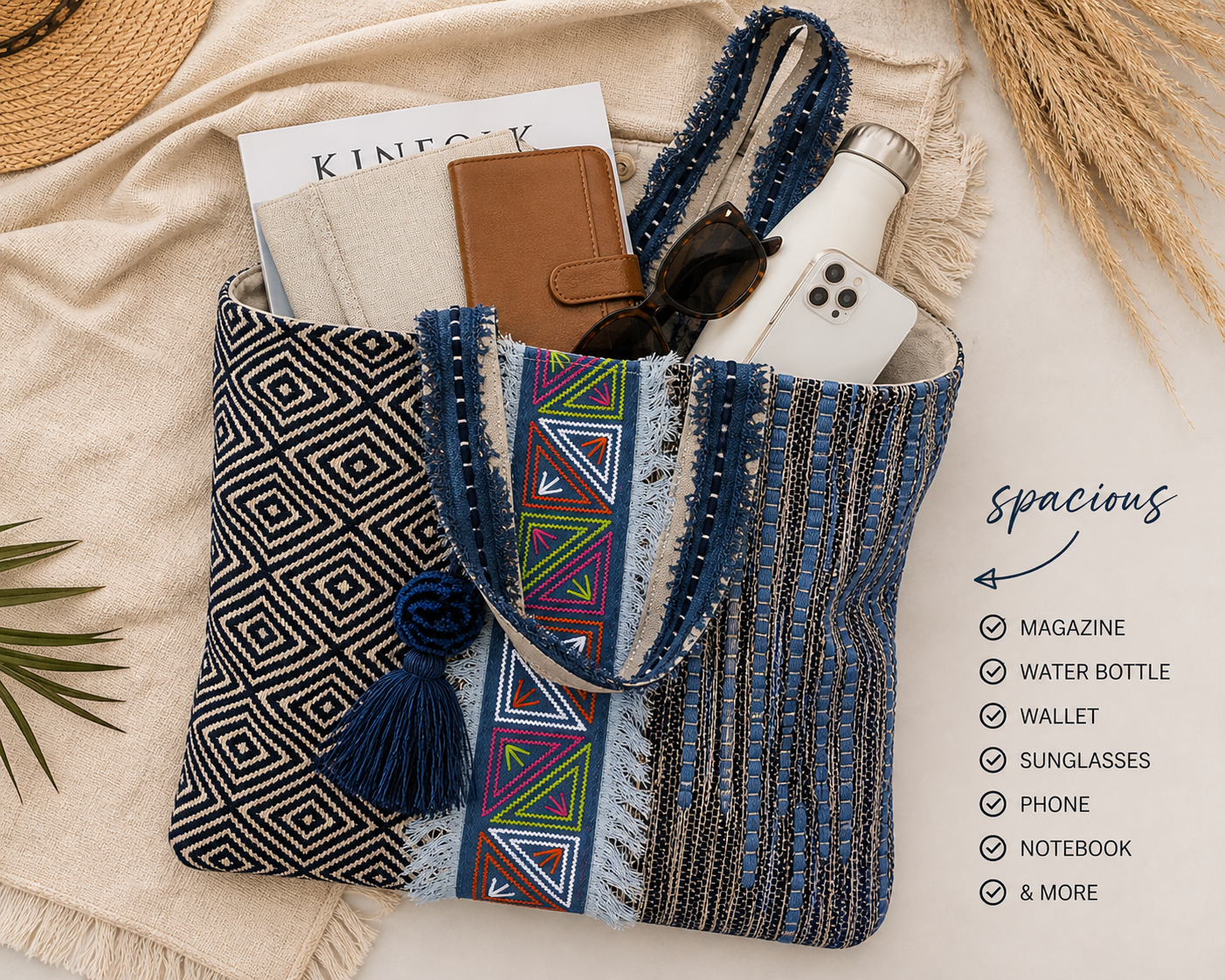 Boho Coastal Patchwork Tote – Textured Tribal Carryall