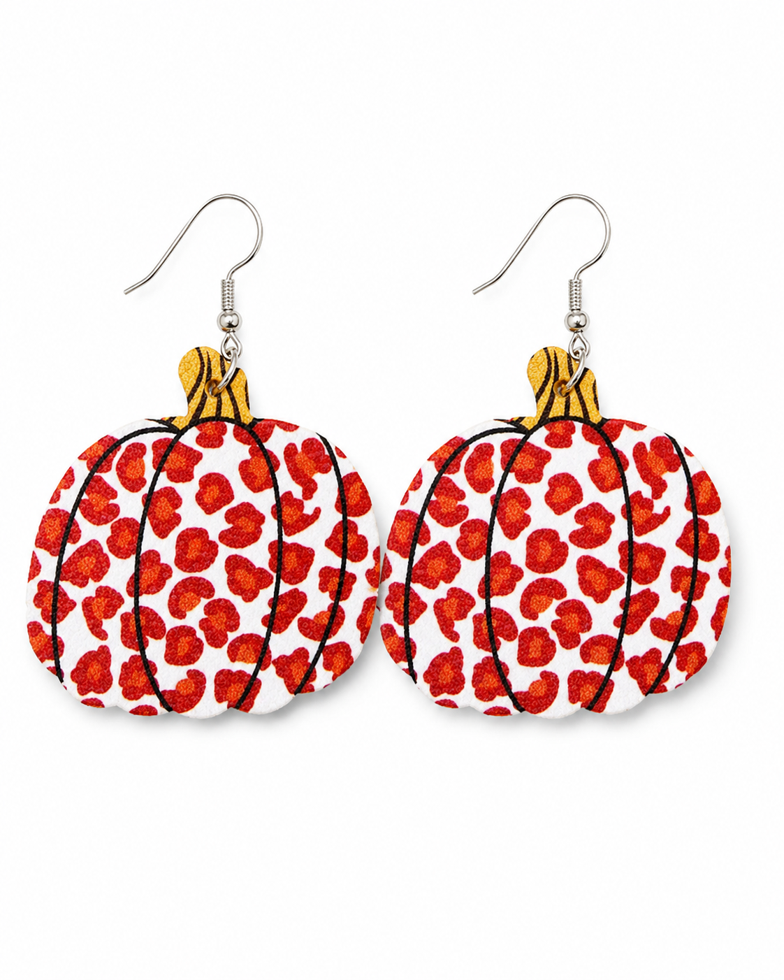 Wild Harvest Leopard Pumpkin Earrings with cream pumpkin shapes, rust-orange leopard print and silver-tone hooks on a white background.