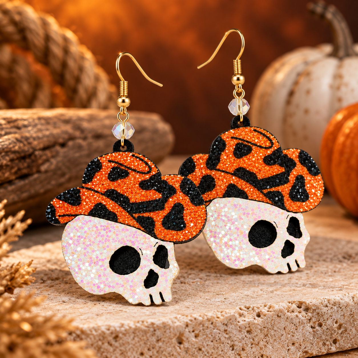 A pair of dangling skull earrings with glittery orange and black patterned hats, displayed on a stone surface with autumn props including pumpkins and rope in the background.