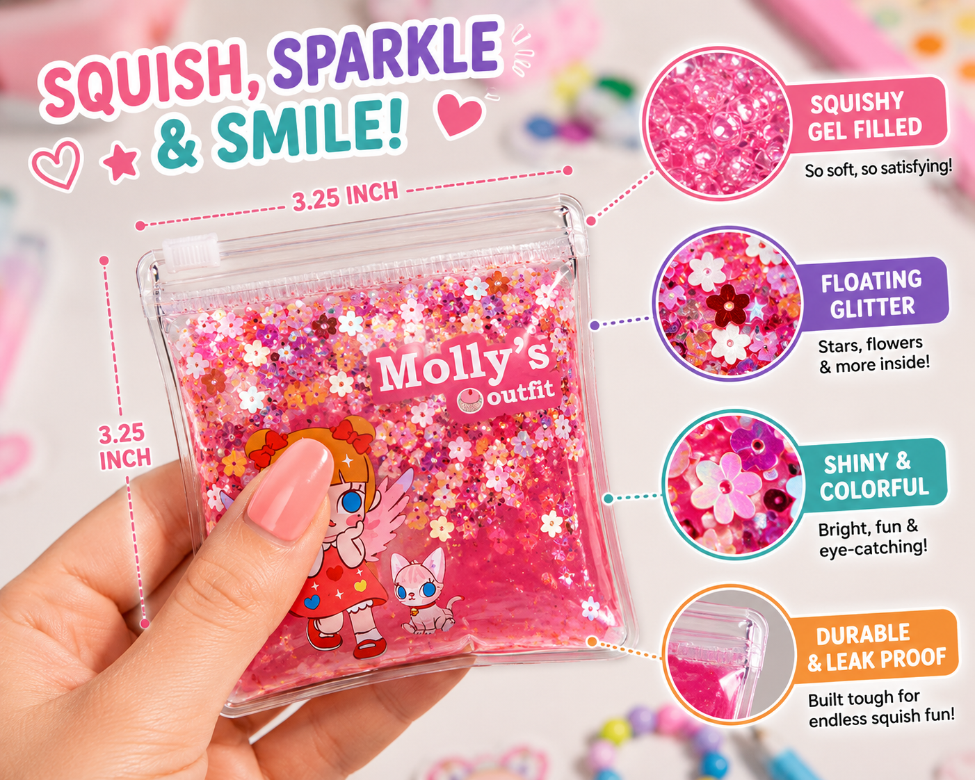 Mini Sparkle Sensory Pouch | Squishy Glitter Fidget Toy for Kids | Party Favor, Classroom Reward & Travel Toy