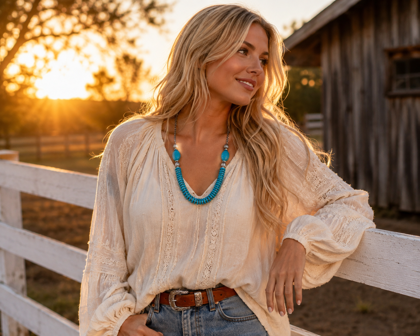 A woman outdoors at sunset wearing a cream bohemian-style blouse with lace detailing, a turquoise beaded necklace, and blue jeans, leaning on a white fence next to a rustic wooden barn.