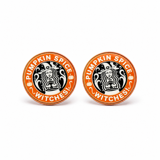 Pumpkin Spice Witches round stud earrings in orange, black and cream on a clean white background.