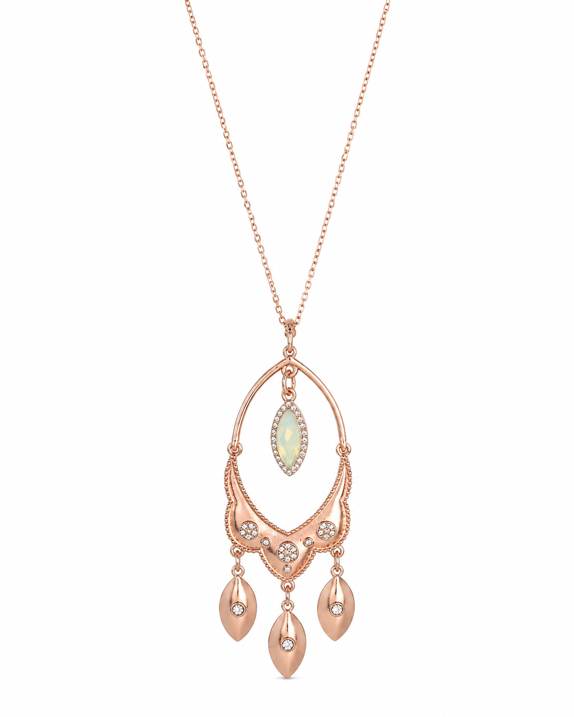 Desert Glow Long Pendant Necklace in rose-gold tone with opalescent marquise stone and crystal accents on white background