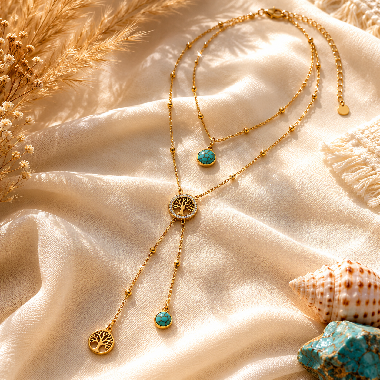 Golden Roots Turquoise Tree of Life Lariat Necklace