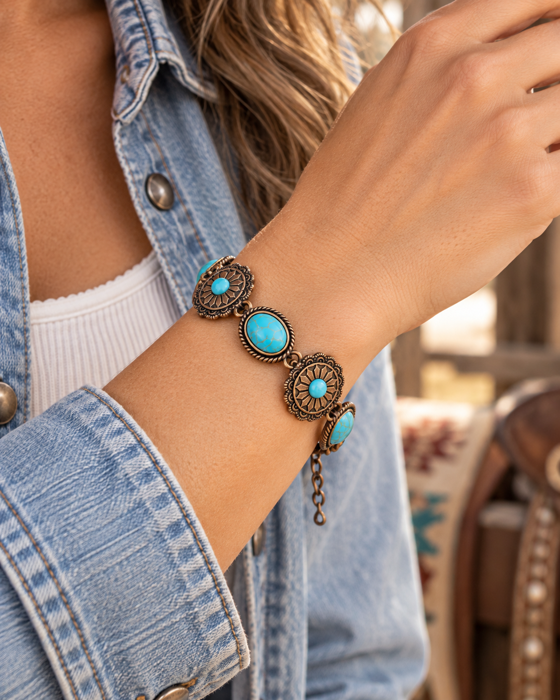 A close-up of a person's wrist wearing a bronze-toned bracelet with three oval turquoise stones and ornate filigree details, styled with a light blue denim jacket.