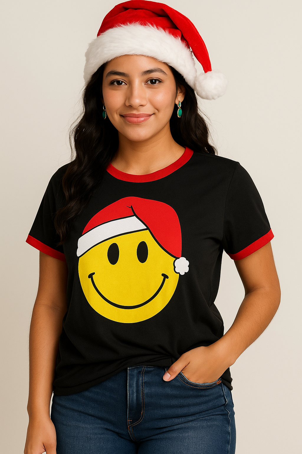 Smiley Face With Santa Hat Short Sleeve Top