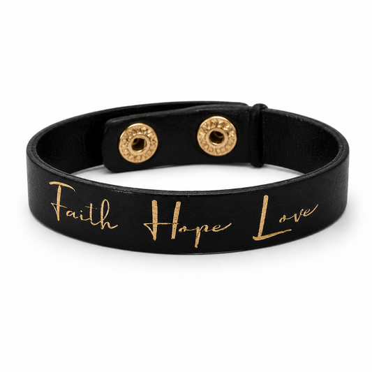 Faith Hope Love Leather Snap Bracelet | Black Faux Leather Inspirational Cuff