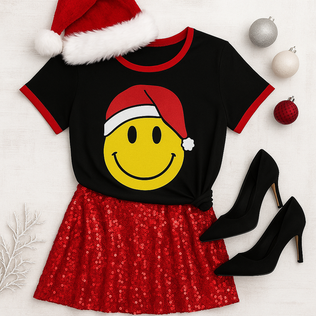 Smiley Face With Santa Hat Short Sleeve Top