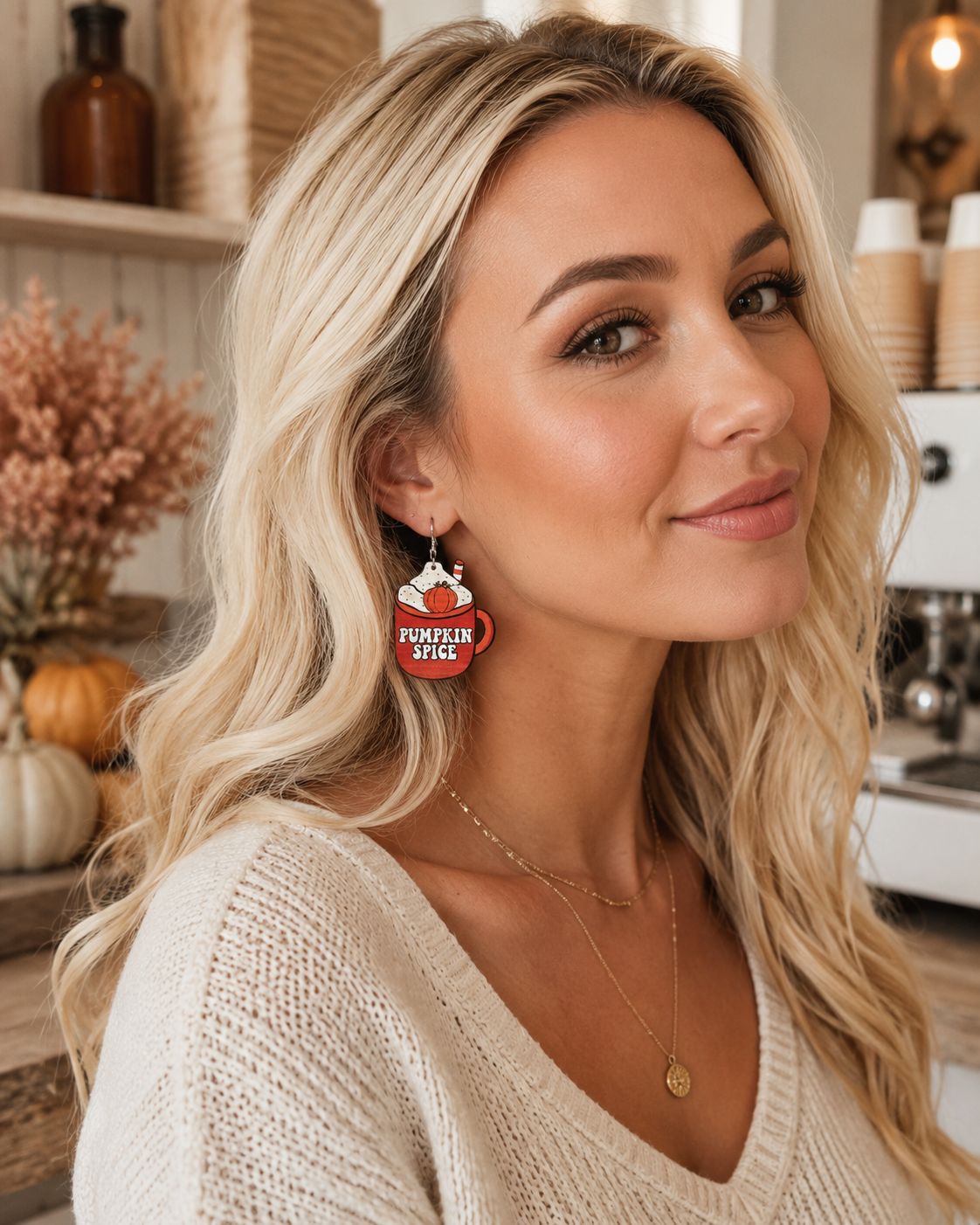 Emma wearing the pumpkin spice earrings during a cozy coffee run with soft autumn layers.