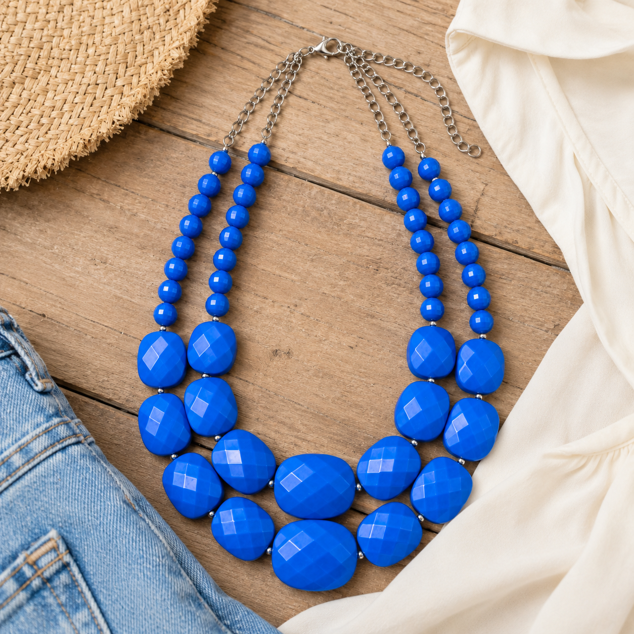 Cobalt Ridge blue statement necklace styled with denim and soft neutral accessories