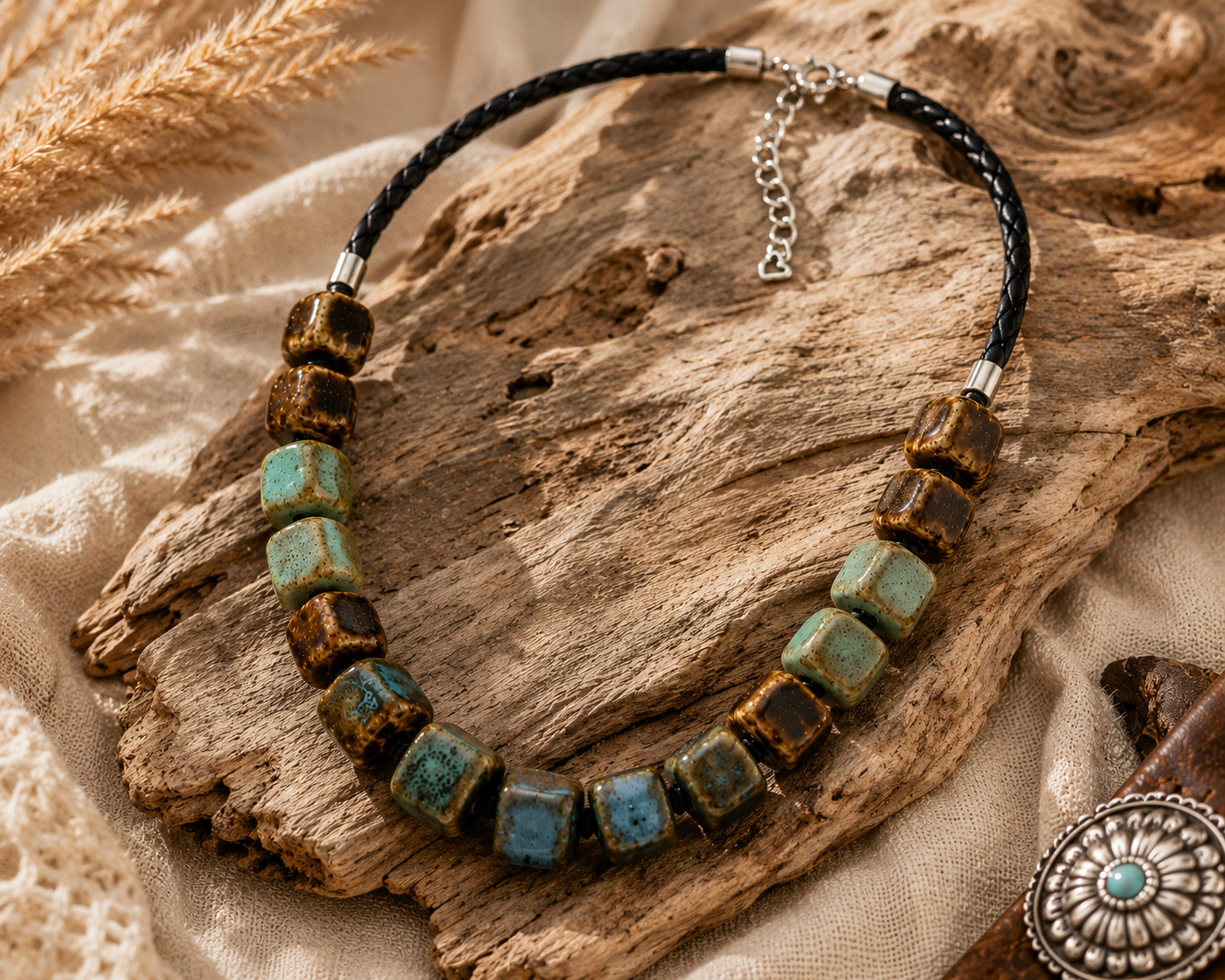 Coastal Canyon Ceramic Bead Statement Necklace- Coastal Cowgirl Boho Statement Jewelry