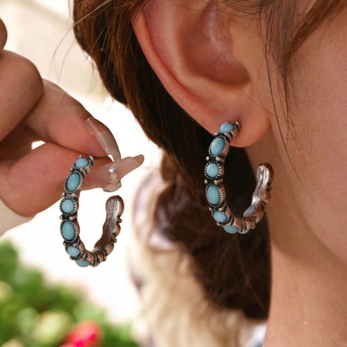 On Her Way Cowgirl Blue Crackle Stone Hoop Earrings