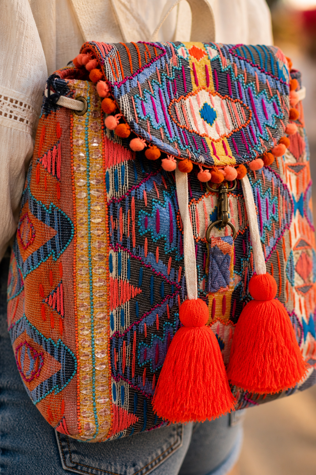 Desert Bloom Western Boho Backpack – Colorful Woven Tassel Bag for Women