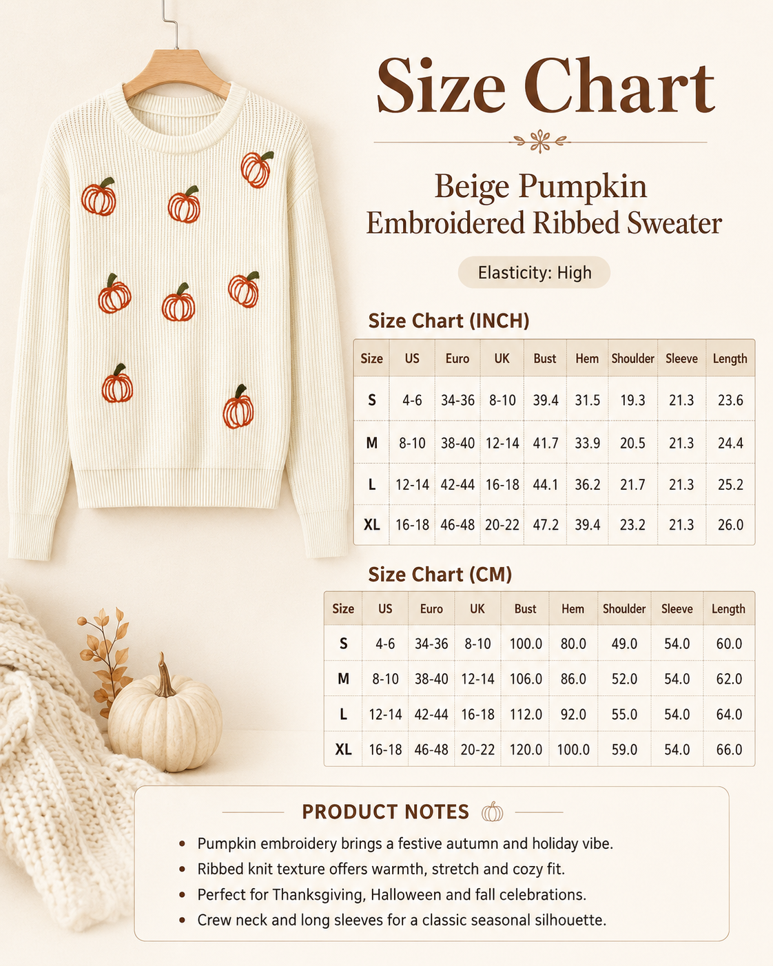 Size chart for the Harvest Stitch Embroidered Pumpkin Sweater showing sizes S through XL, garment measurements in inches, and high elasticity.