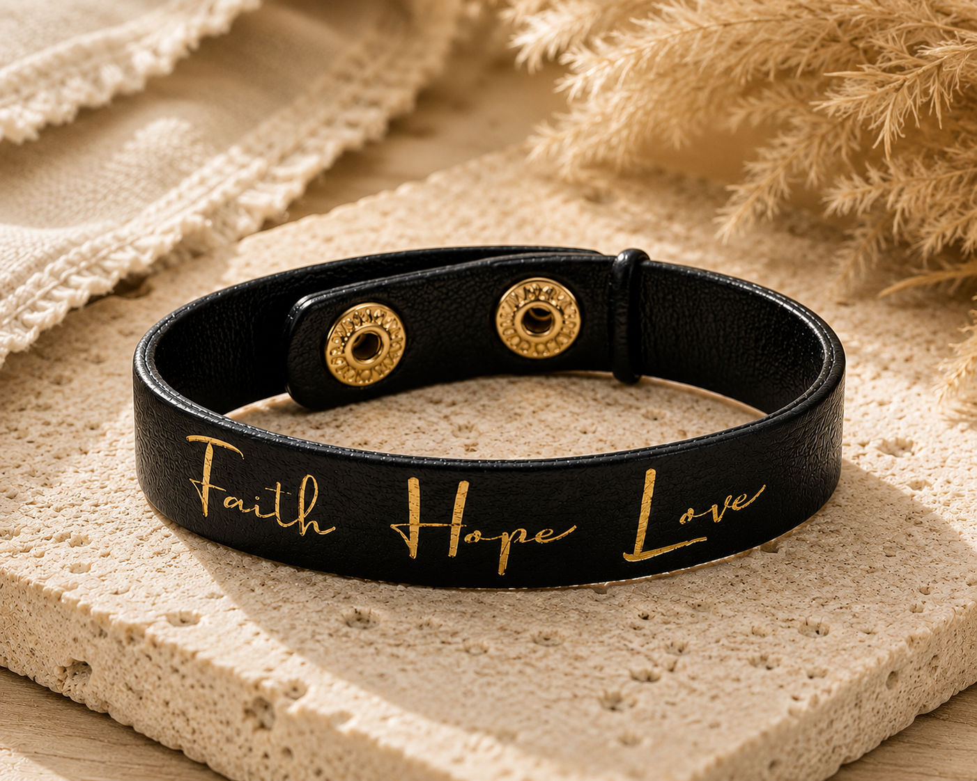 Faith Hope Love Leather Snap Bracelet | Black Faux Leather Inspirational Cuff