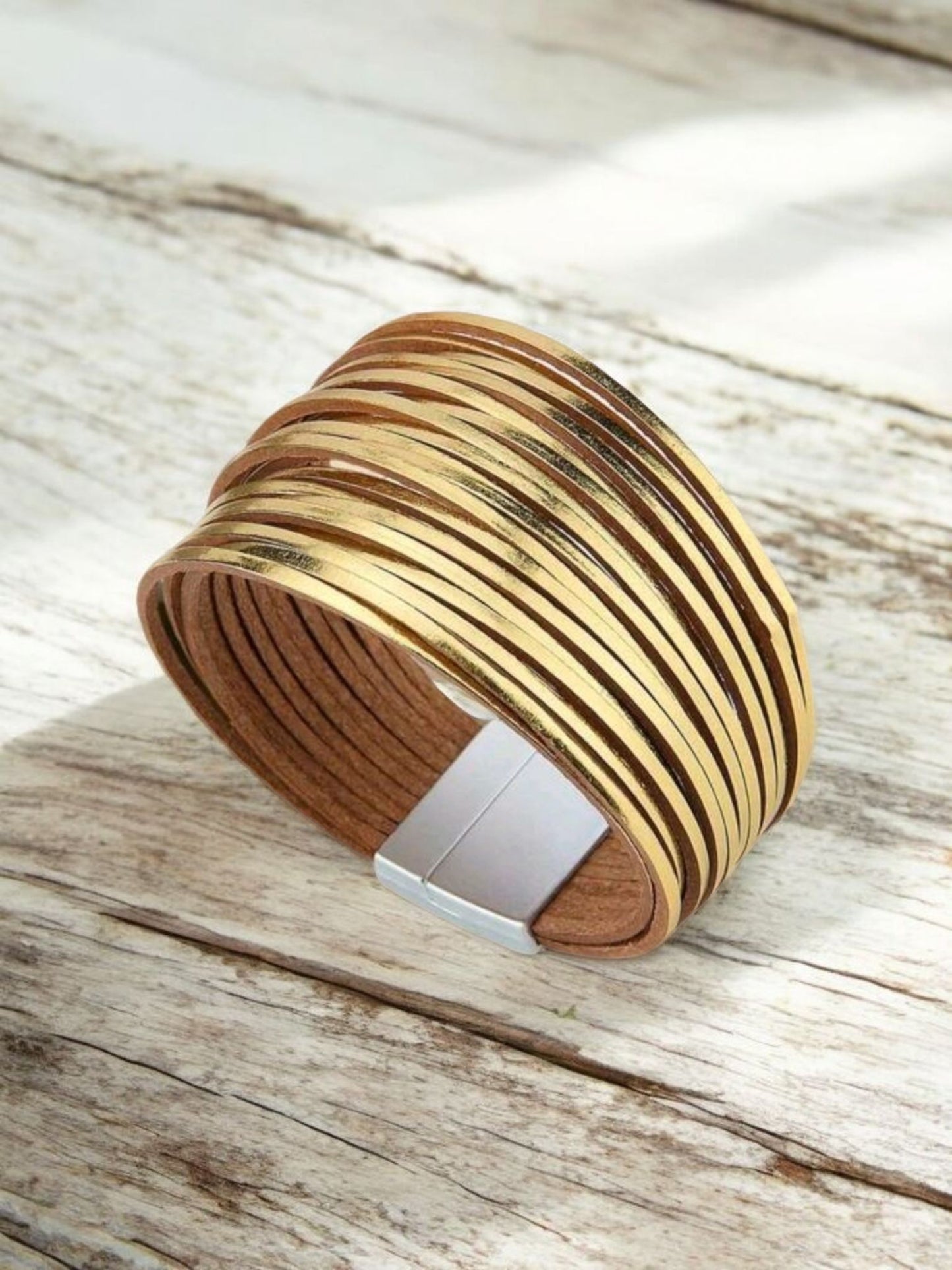 Empress Gold Tone Leather Magnetic Multi-Layer Bracelet