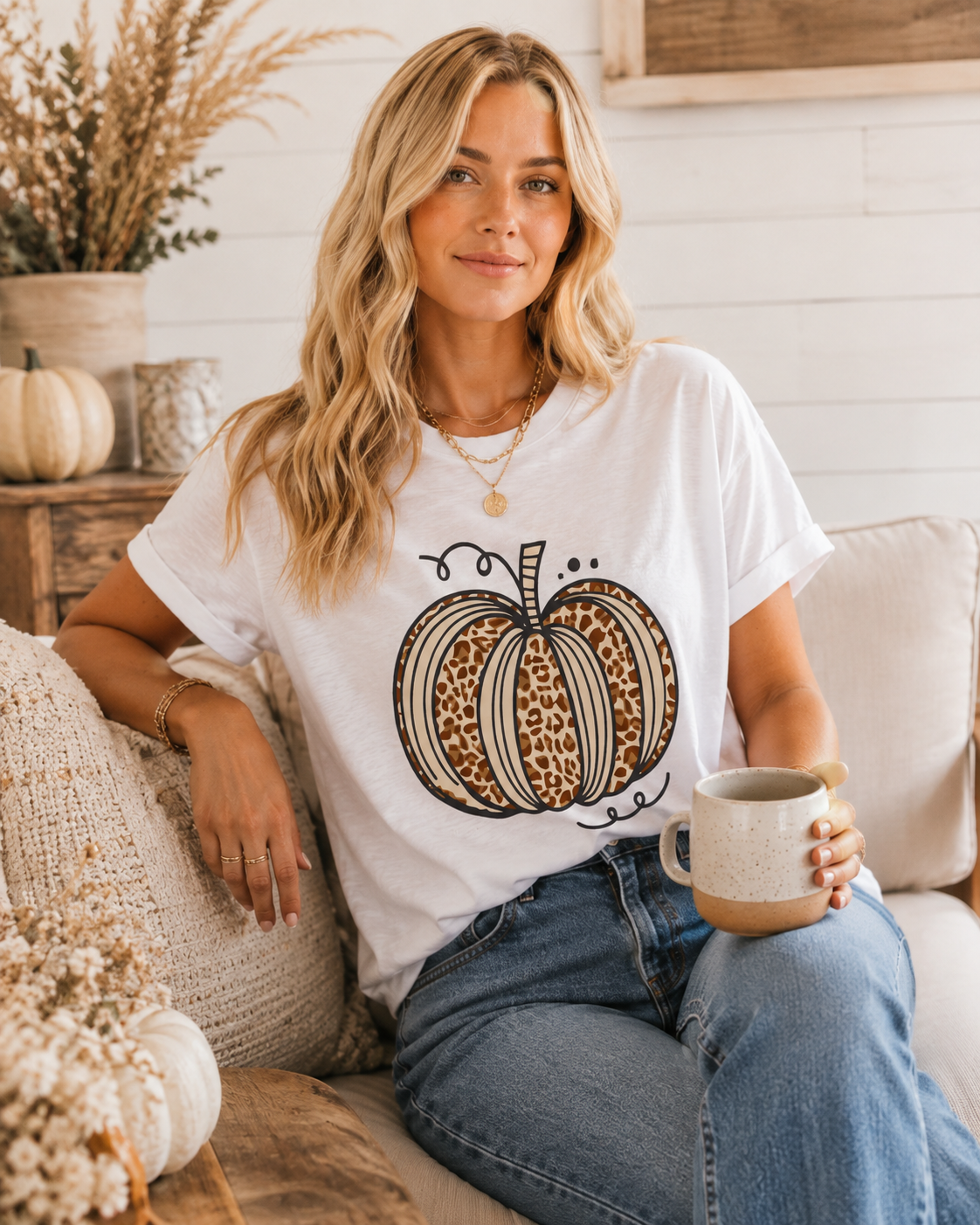 Emma wearing the Leopard Pumpkin Graphic Tee with layered jewelry for a casual autumn outfit