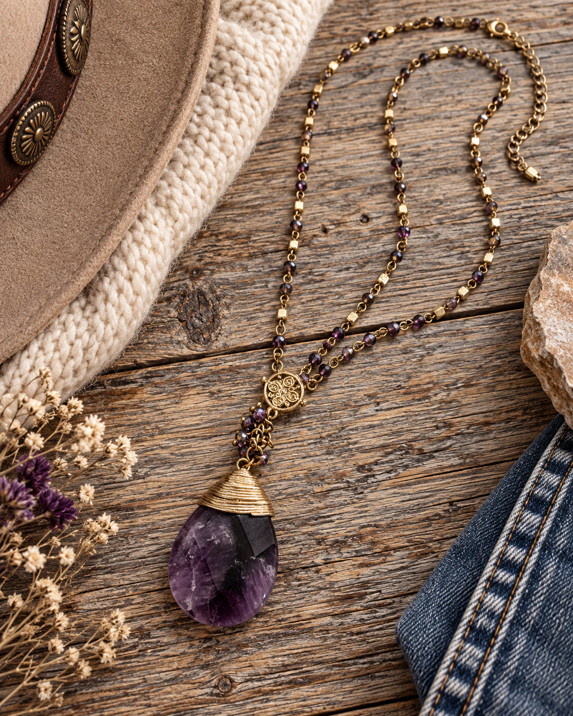 A bohemian-style necklace featuring a teardrop-shaped purple amethyst pendant, a gold cone accent, and a beaded chain of gold and dark purple beads, styled on a rustic wooden surface with a hat, knit blanket, and denim.