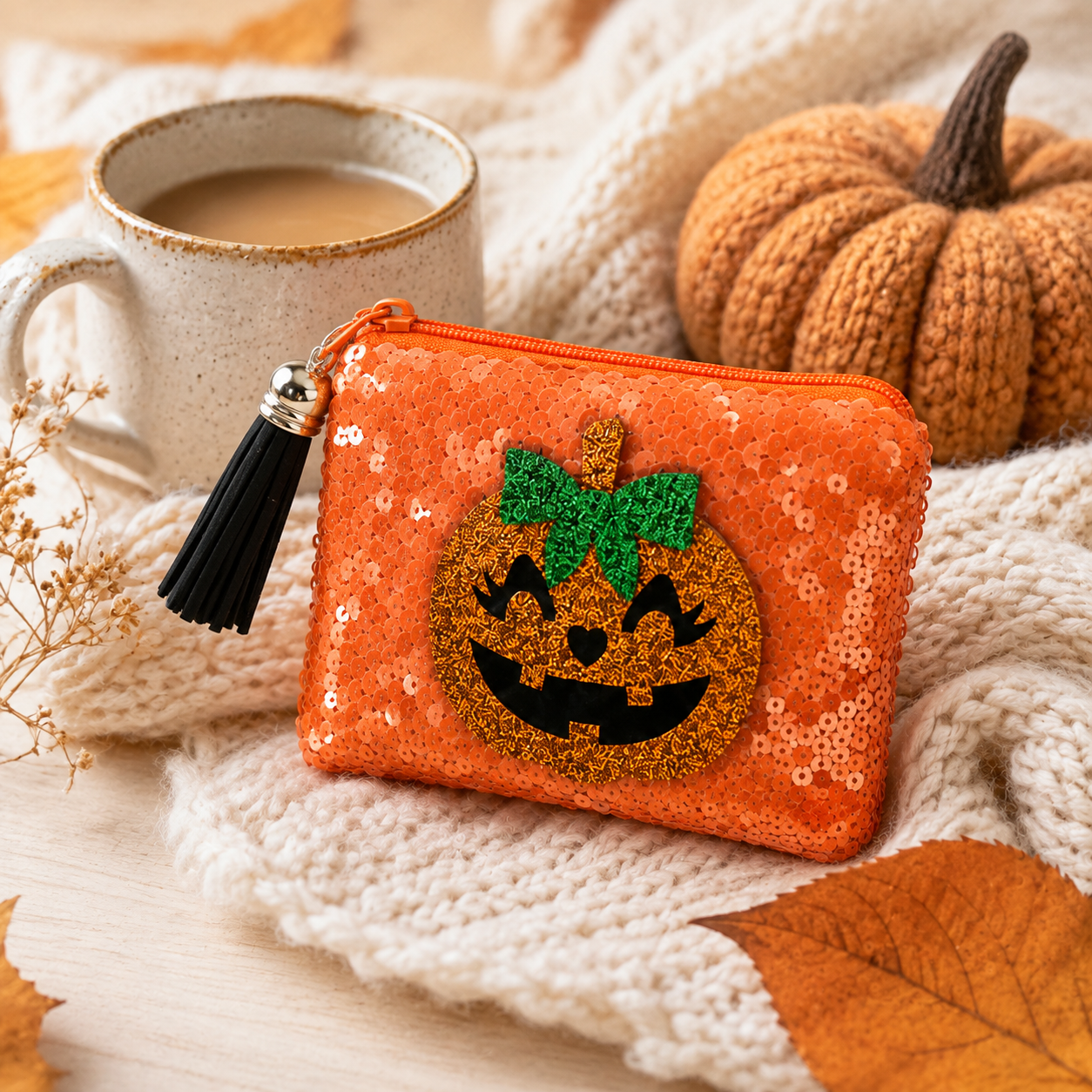Orange pumpkin sequin coin purse styled with a cozy cream knit, fall leaves and coffee.