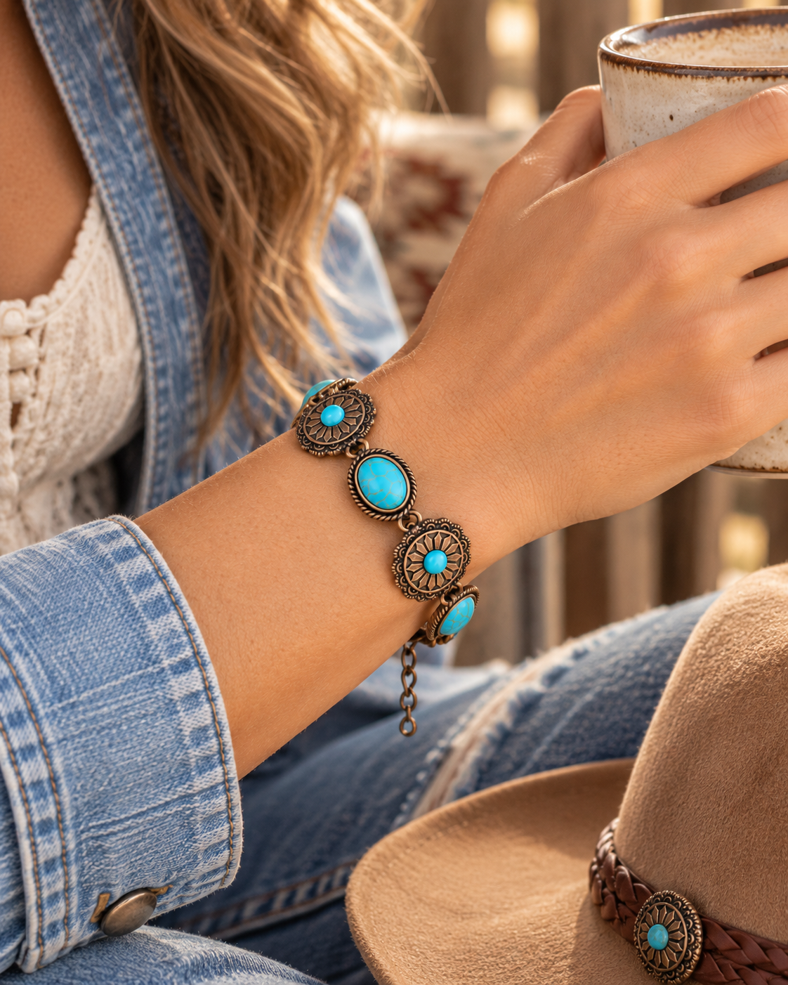 A close-up lifestyle shot of a person wearing a bohemian-style bronze bracelet with turquoise stones, holding a ceramic mug. The bracelet features three oval turquoise stones set in ornate bronze medallions with a delicate chain extender.