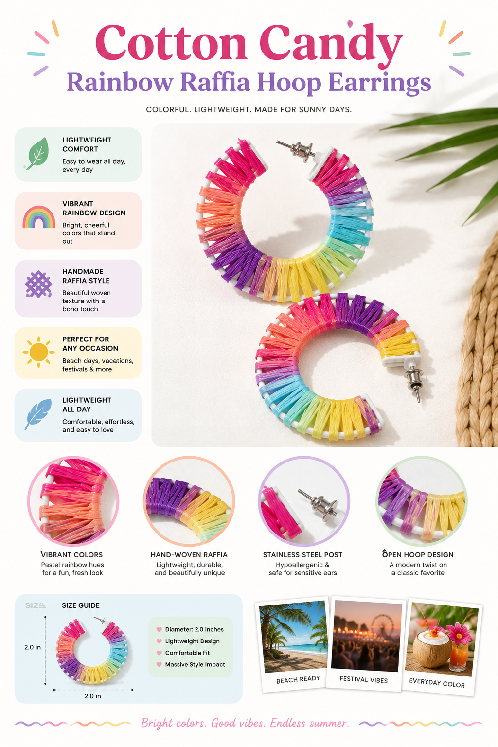 Cotton Candy Rainbow Raffia Hoop Earrings