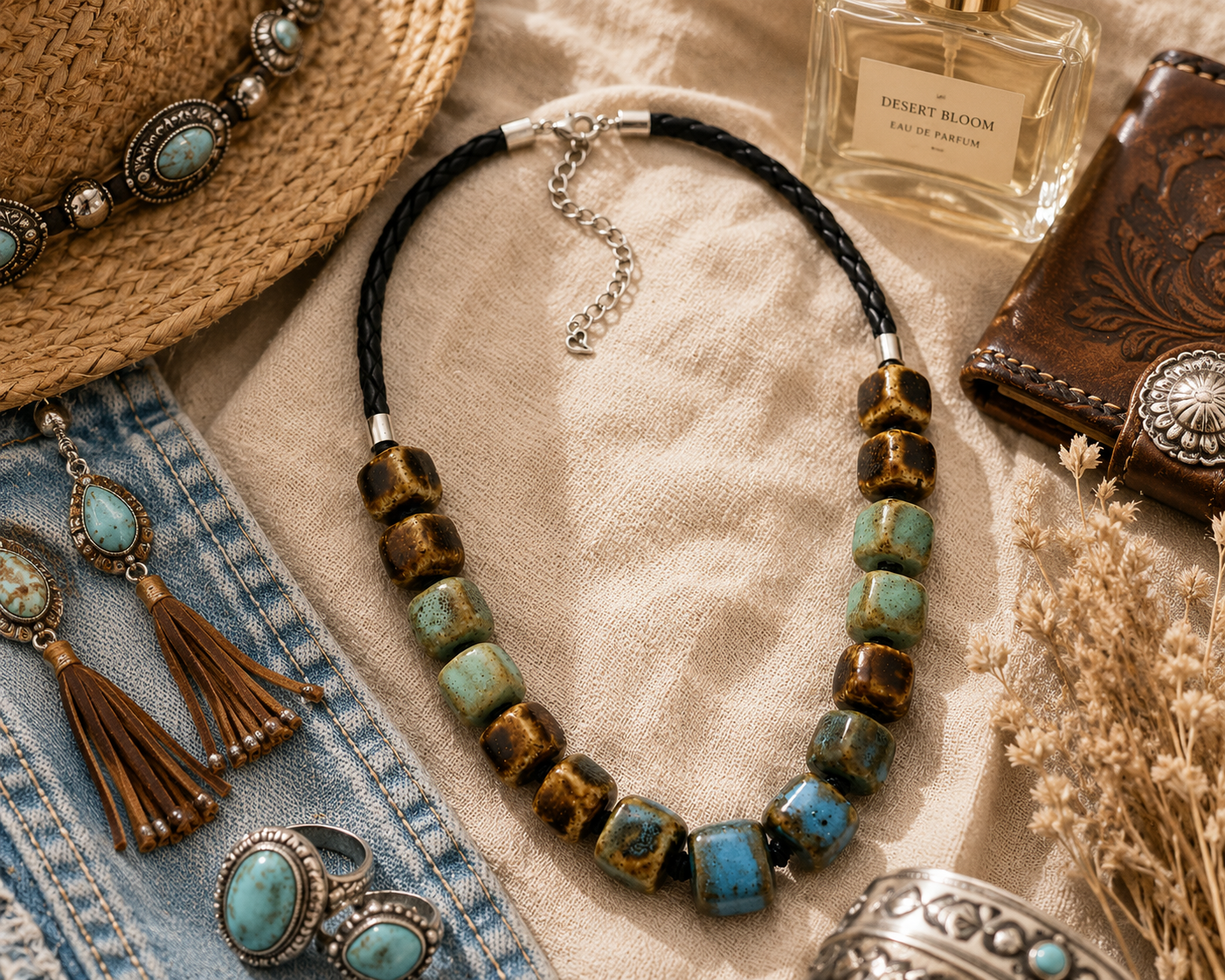 Coastal Canyon Ceramic Bead Statement Necklace- Coastal Cowgirl Boho Statement Jewelry