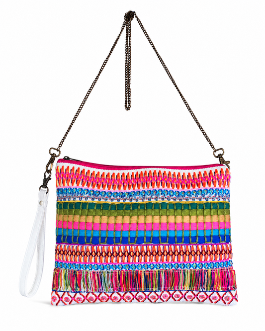 Electric Sunset Fringe Crossbody Wristlet – Colorful Boho Embroidered Convertible Bag