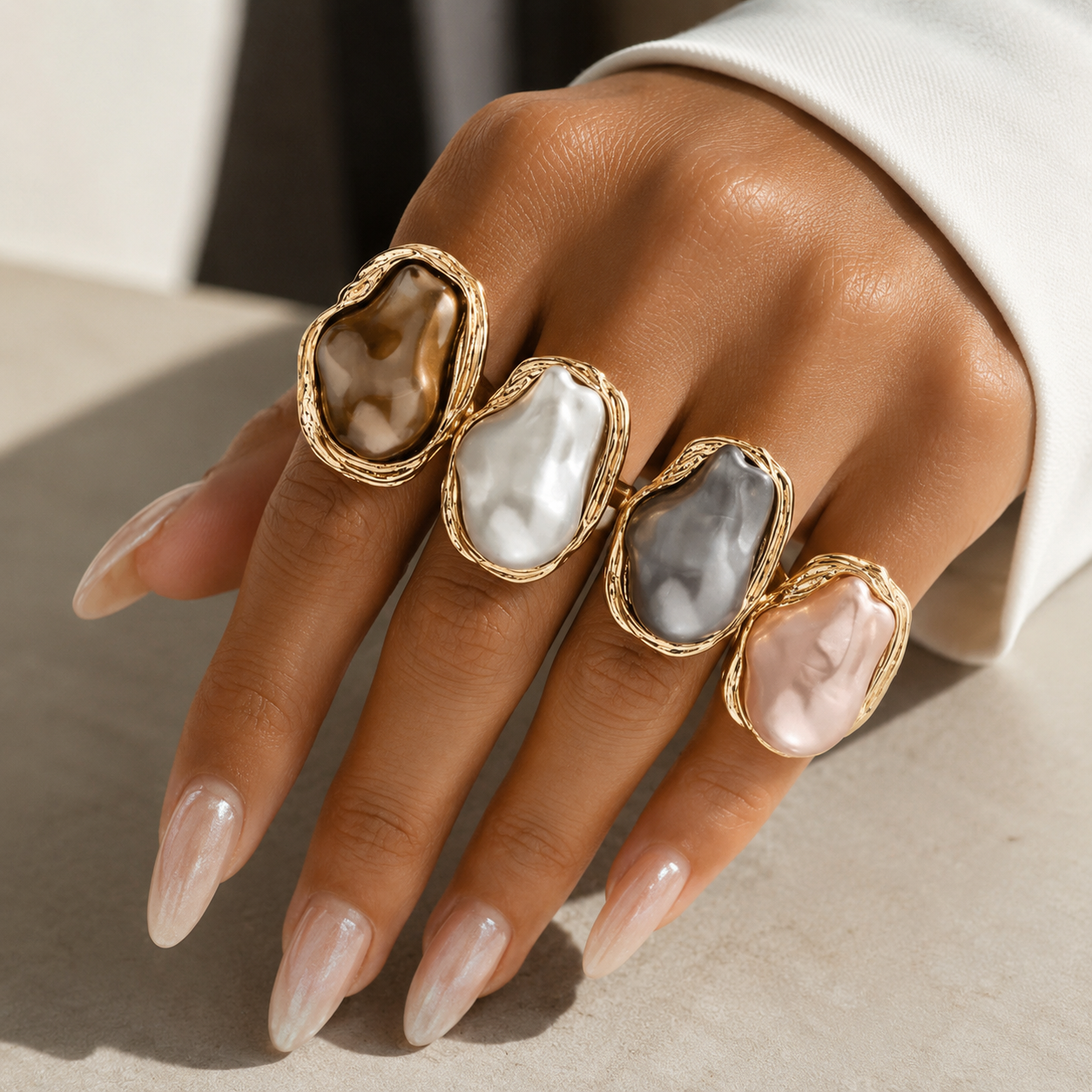 Uneven Statements Adjustable Faux Pearl Fashion Ring