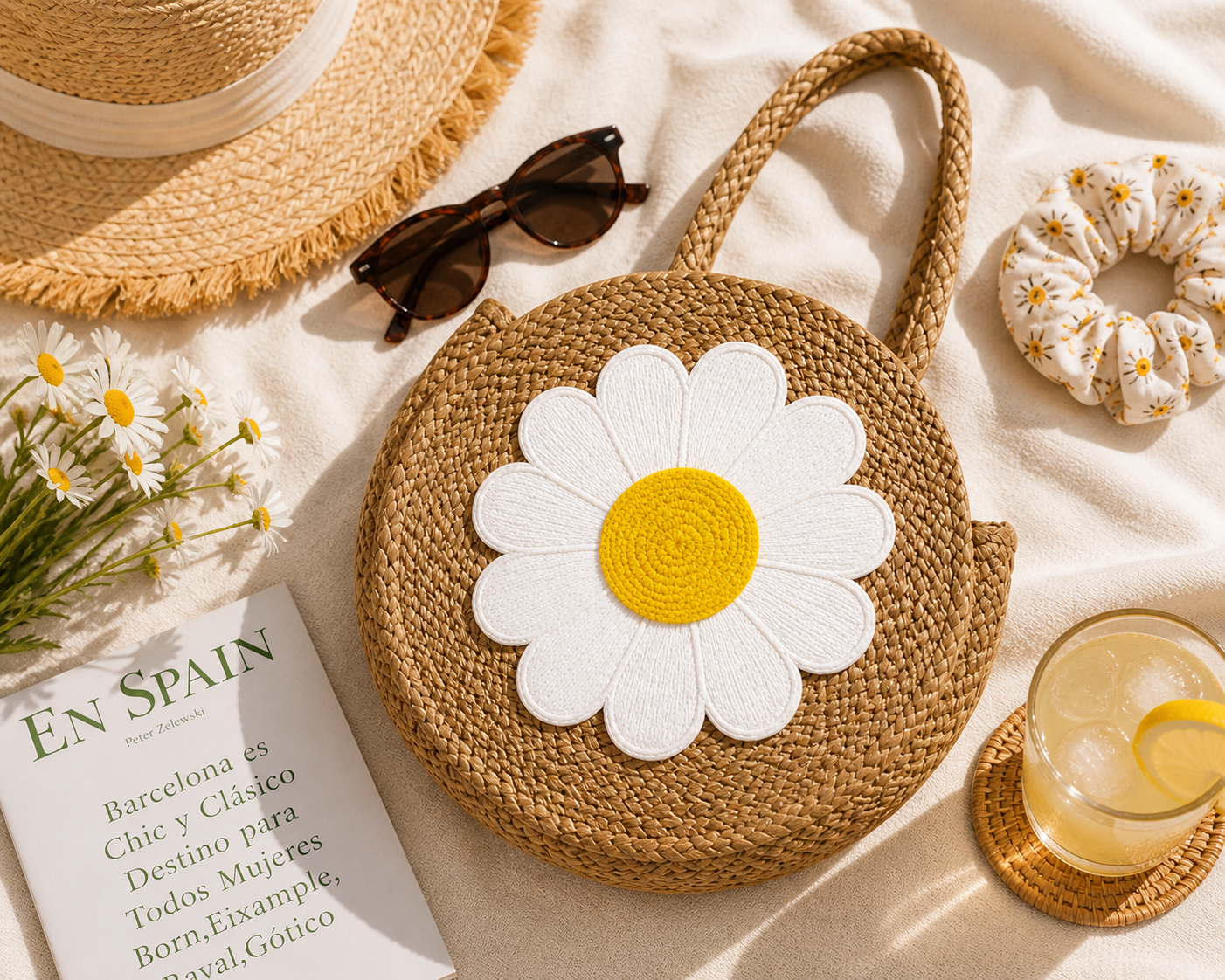 Sunny Daisy Jute Tote – Round Floral Summer Bag