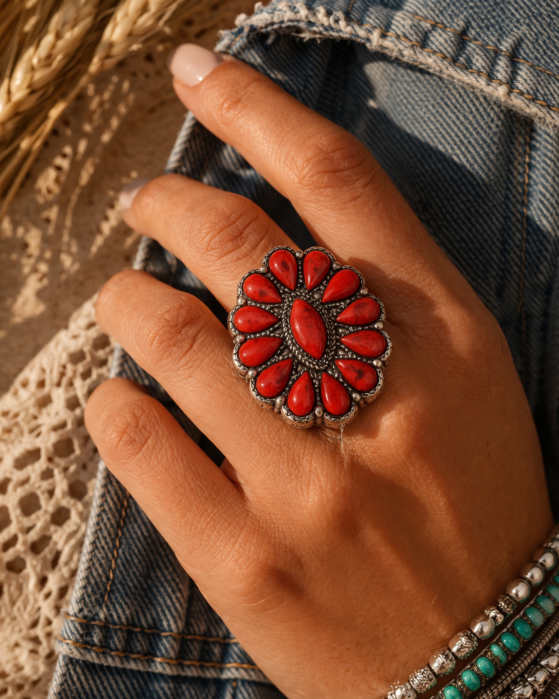 Crimson Cowgirl Bloom Stretch Statement Ring