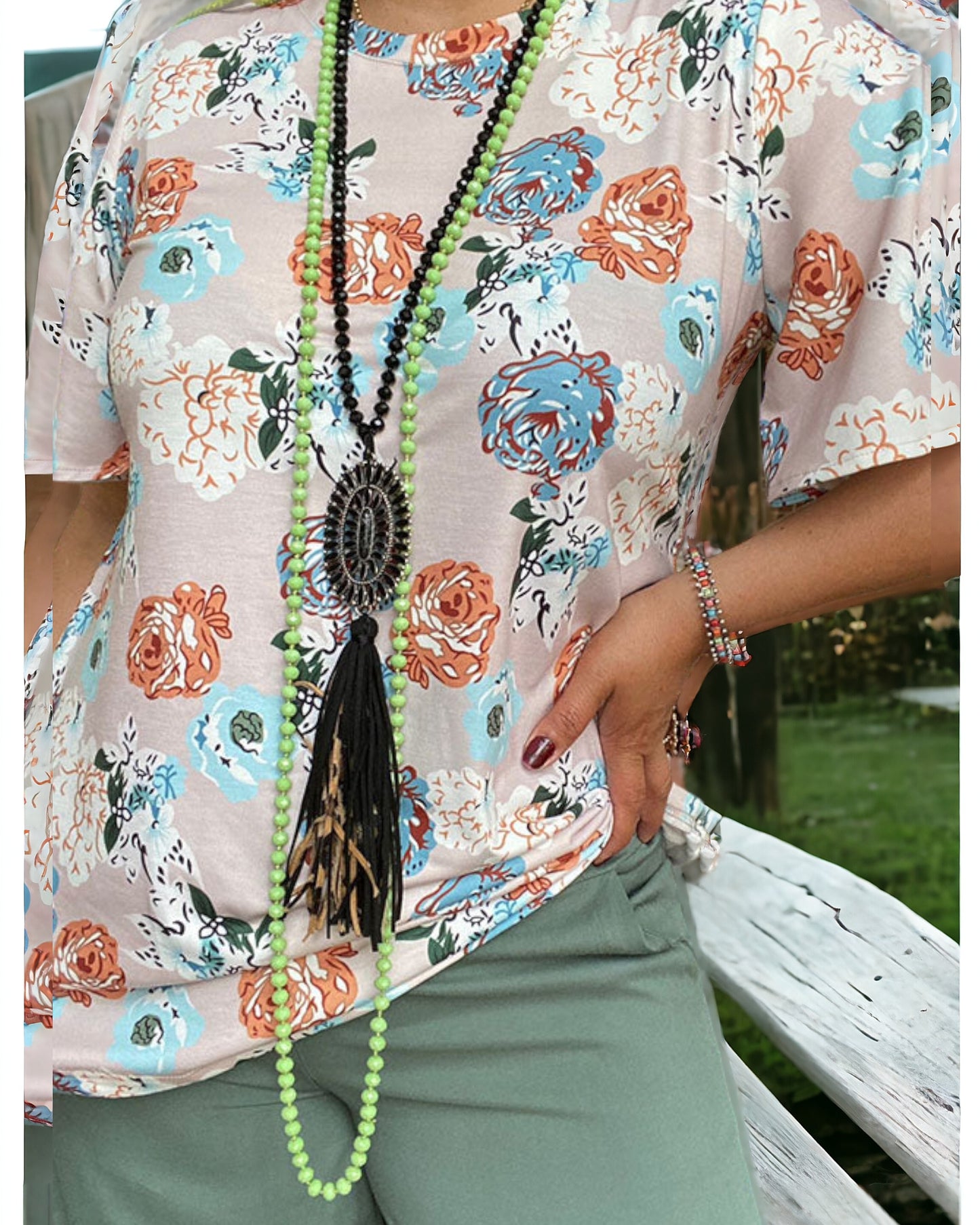 Neutral Western Floral Short Sleeve Top