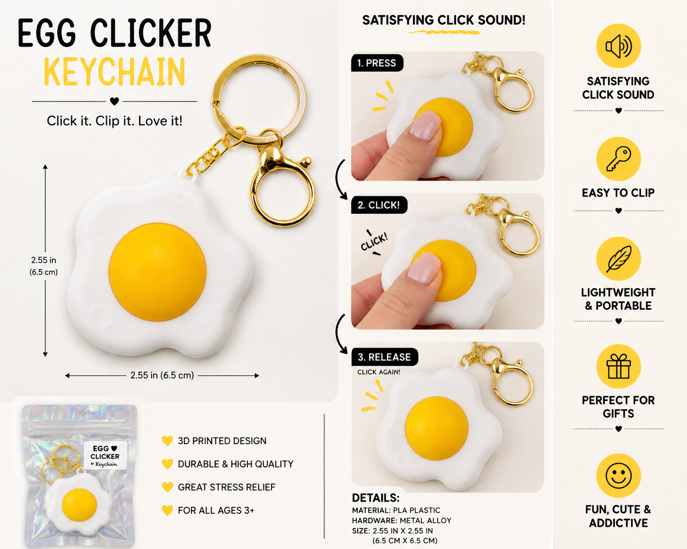 Sunny Side Up Egg Clicker Fidget Keychain Sensory Stress Relief Keychain Egg Key Ring