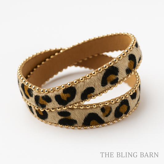 Wild Whisper Wrap Bracelet – Leopard Print Double Wrap with Gold Beaded Detail