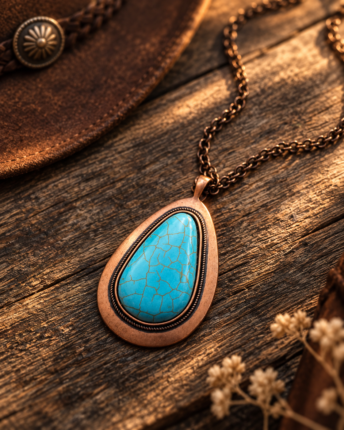 A teardrop-shaped turquoise pendant necklace with a bronze-toned metal frame and chain, styled on a rustic wooden surface with a leather hat and dried flowers nearby.