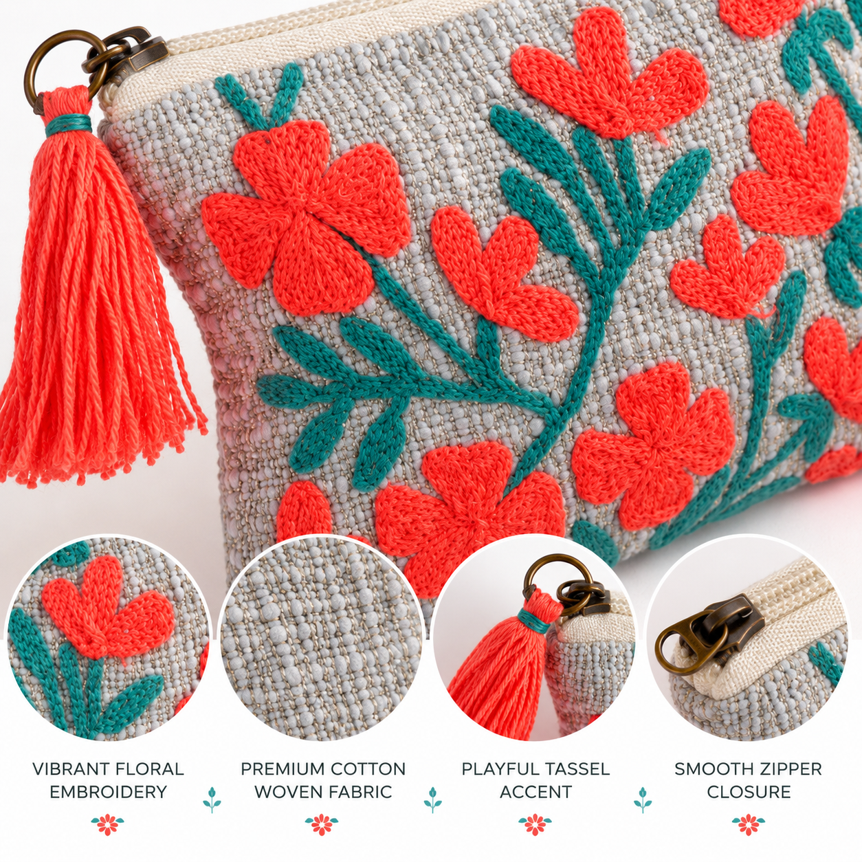 Coral Bloom Embroidered Coin Pouch – Boho Floral Zip Clutch with Tassel