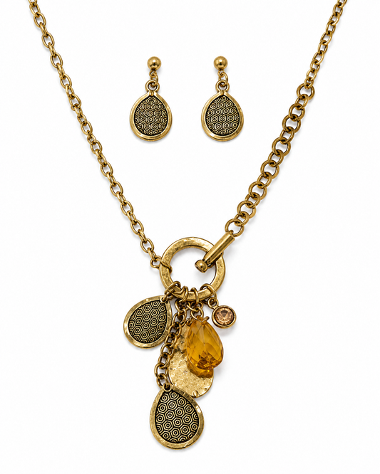 Golden Hour Charm Necklace Set | Antique Gold Toggle Necklace with Matching Earrings