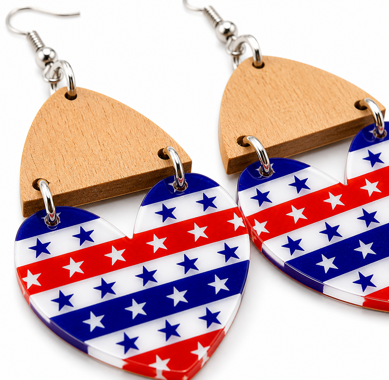 American Honey Heart Earrings – Red White Blue Patriotic Dangle Earrings, Western Cowgirl Statement Jewelry