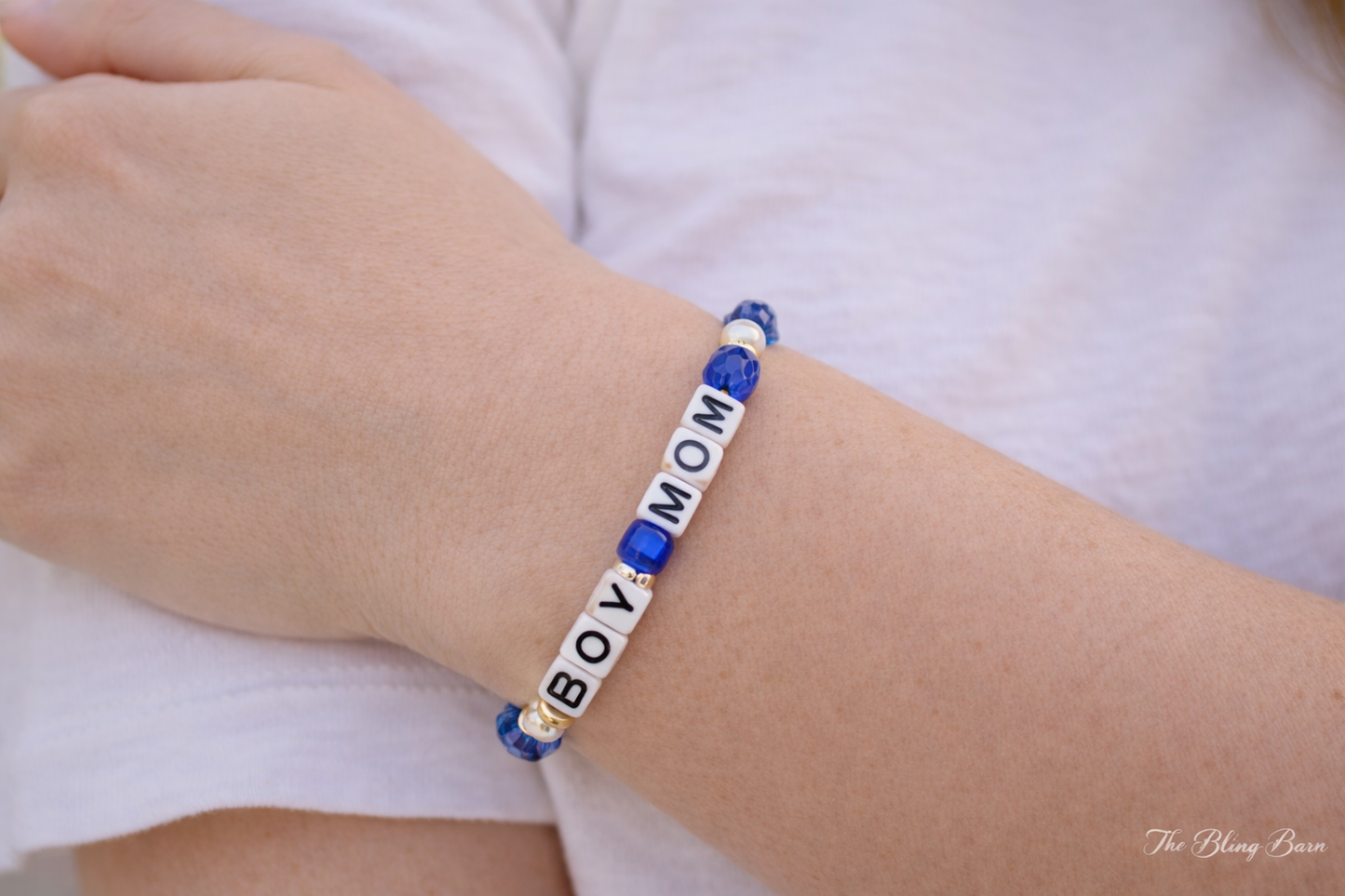 Boy Mama Beaded Stretch Bracelet – Pearl & Faceted Glass Mom Bracelet