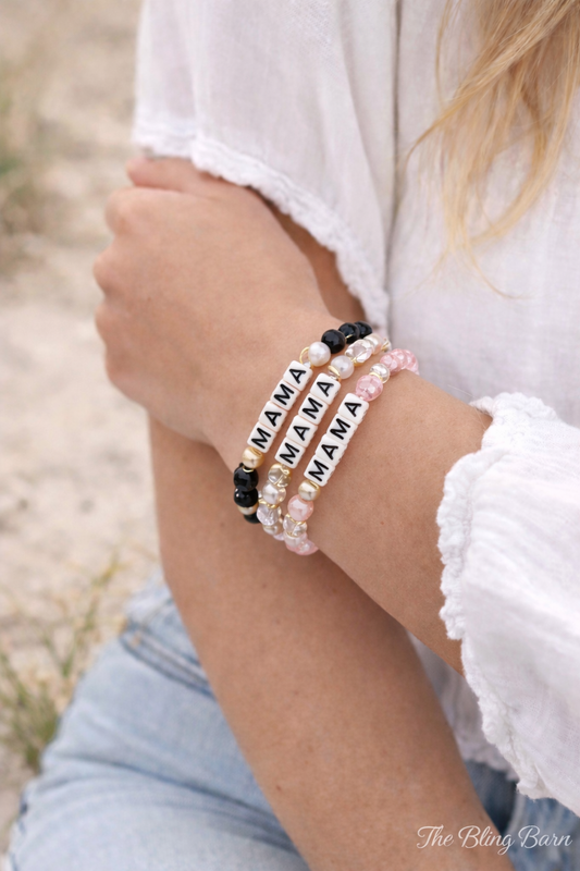 Mama Beaded Stretch Bracelet – Pearl & Faceted Glass Mom Bracelet