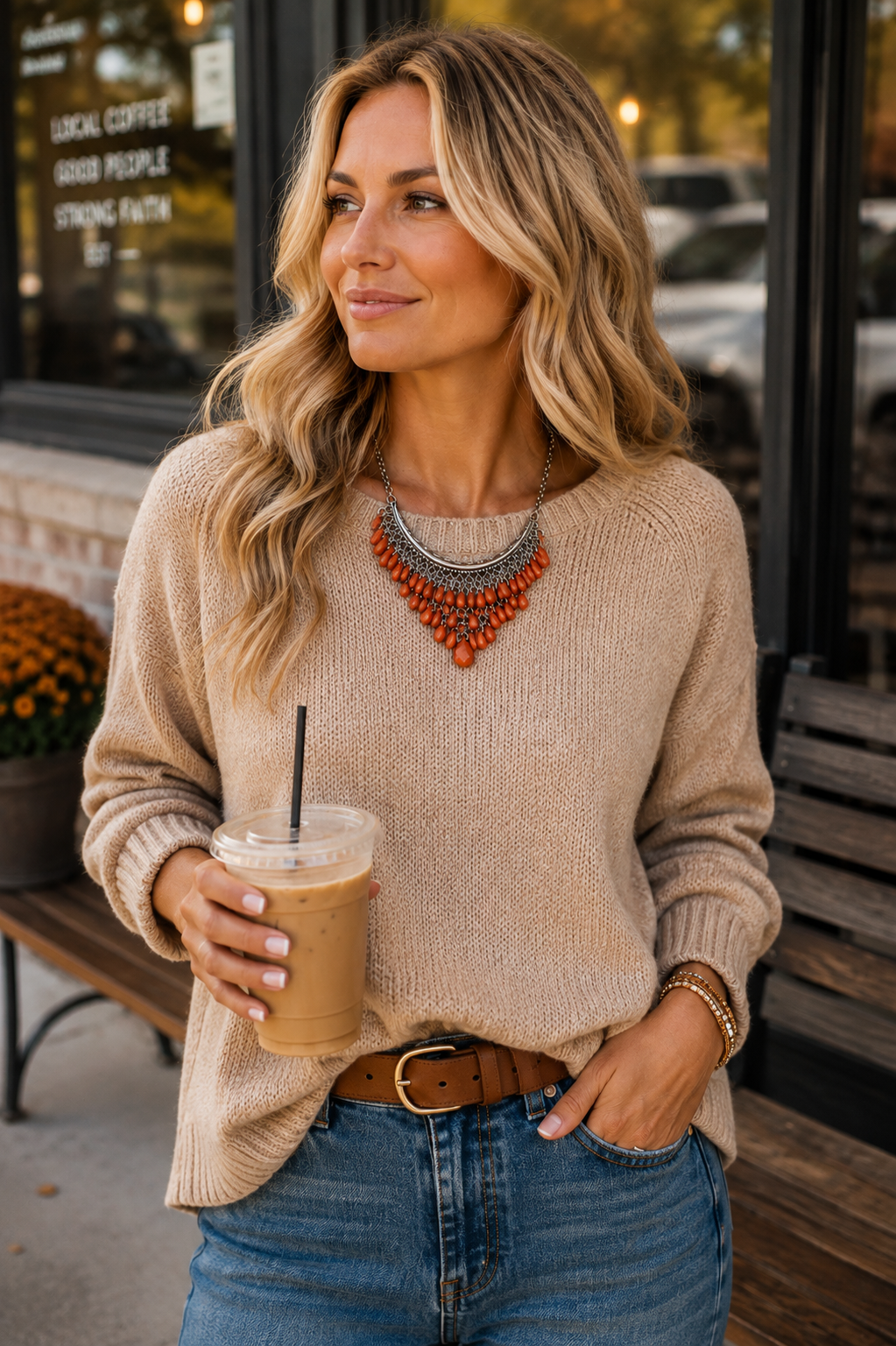 A woman wearing a beige knit crewneck sweater, blue jeans, and a chunky orange and gray statement necklace stands on a sidewalk in front of a coffee shop window, holding an iced coffee.