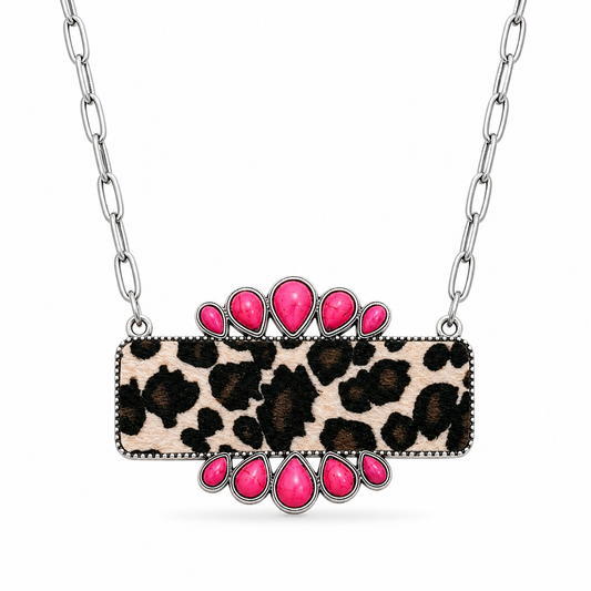 Desert Bloom Leopard Statement Necklace – Hot Pink Stone Western Pendant, Bold Cowgirl Jewelry, Silver Chain, Boutique Western Necklace