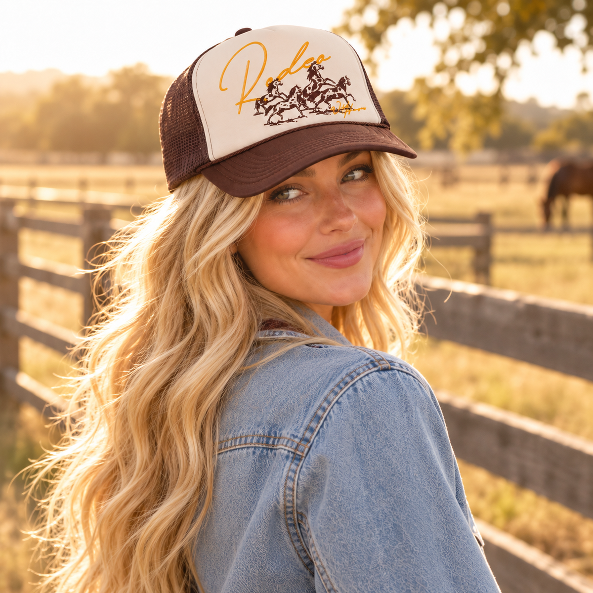 Wild Horses Rodeo Western Trucker Hat – Brown & Cream Horse Graphic Cap