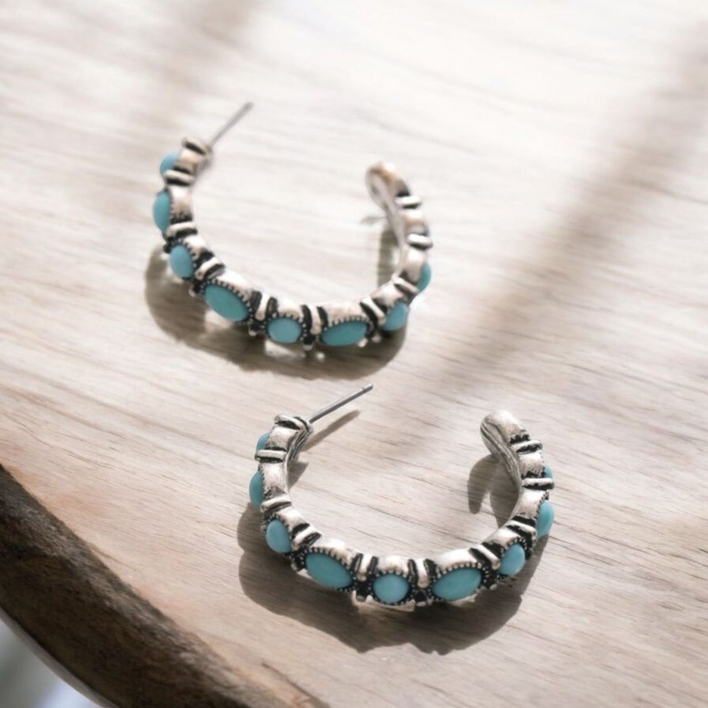 On Her Way Cowgirl Blue Crackle Stone Hoop Earrings