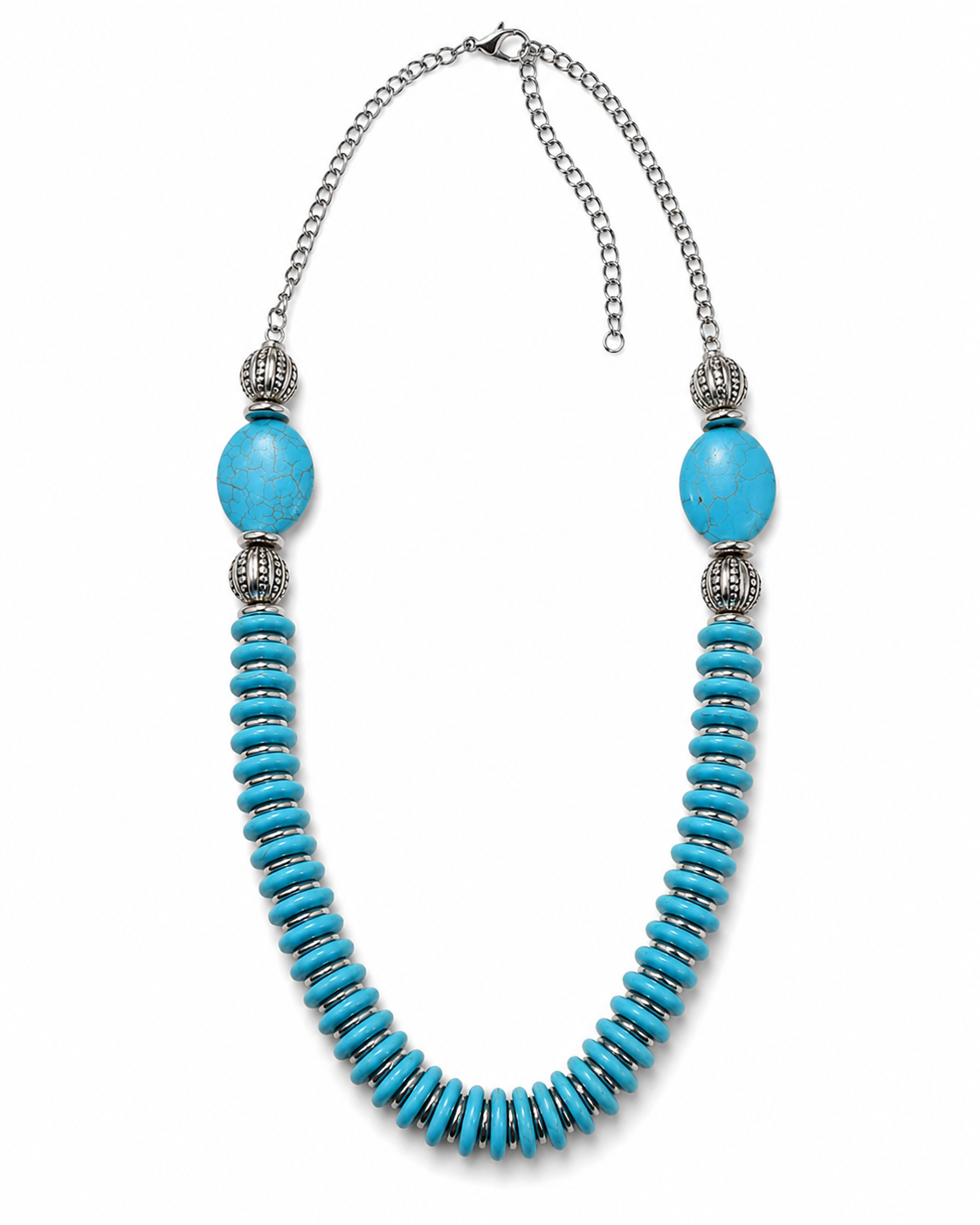 A statement necklace featuring a curved strand of turquoise-colored spacers, a large oval turquoise bead, textured silver spacer beads, and a silver chain extender with clasp, shown on a plain white background.