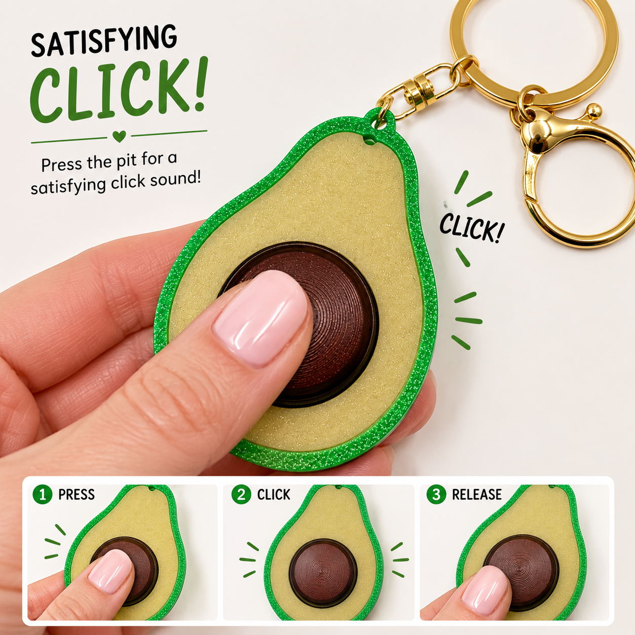 Avocado Clicker Fidget Keychain 3D Printed Sensory Key Ring Novelty Stress Relief Keychain