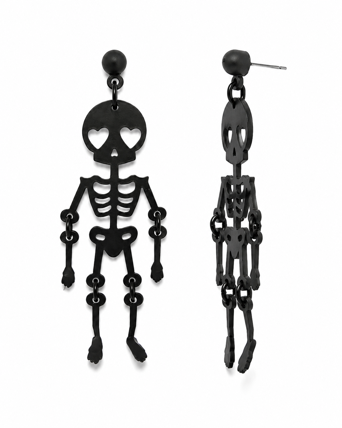 Front and side view of black skeleton earrings showing lightweight profile, movement and post backing