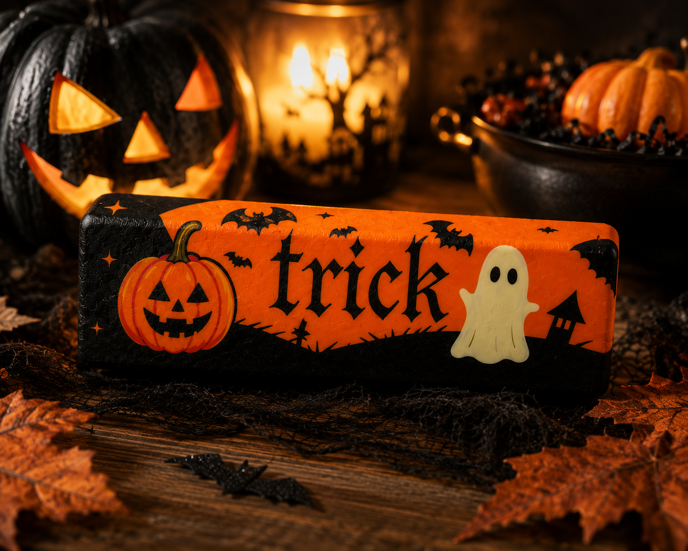 Trick or Treat Halloween butter squishy in a cinematic spooky scene with glowing pumpkins, fall leaves and warm lighting